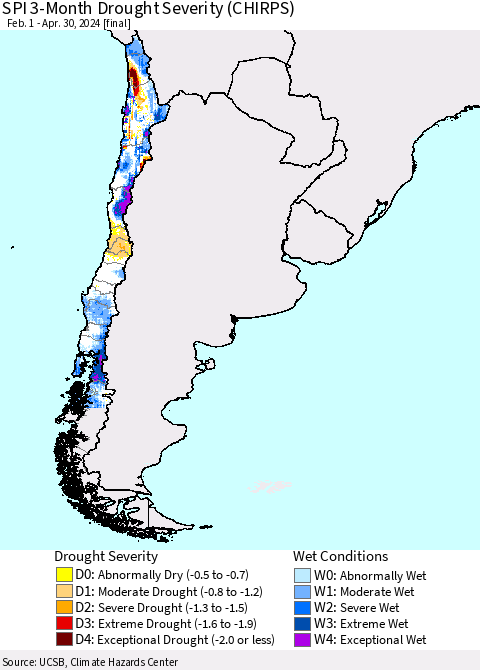 Chile SPI 3-Month Drought Severity (CHIRPS) Thematic Map For 2/1/2024 - 4/30/2024