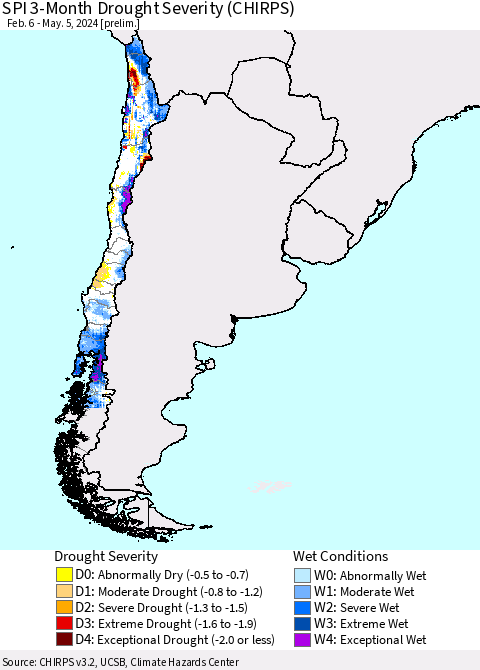 Chile SPI 3-Month Drought Severity (CHIRPS) Thematic Map For 2/6/2024 - 5/5/2024