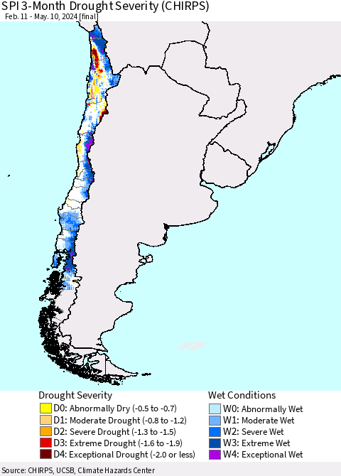 Chile SPI 3-Month Drought Severity (CHIRPS) Thematic Map For 2/11/2024 - 5/10/2024