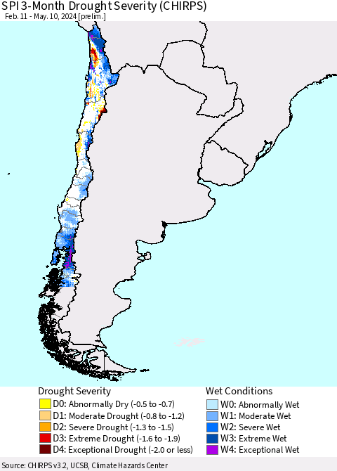 Chile SPI 3-Month Drought Severity (CHIRPS) Thematic Map For 2/11/2024 - 5/10/2024