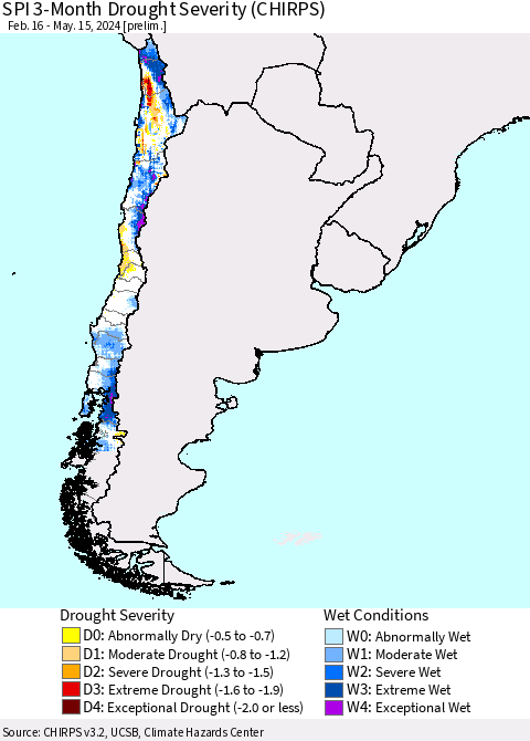 Chile SPI 3-Month Drought Severity (CHIRPS) Thematic Map For 2/16/2024 - 5/15/2024