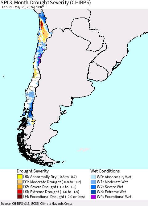 Chile SPI 3-Month Drought Severity (CHIRPS) Thematic Map For 2/21/2024 - 5/20/2024