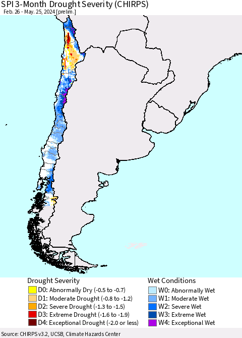 Chile SPI 3-Month Drought Severity (CHIRPS) Thematic Map For 2/26/2024 - 5/25/2024