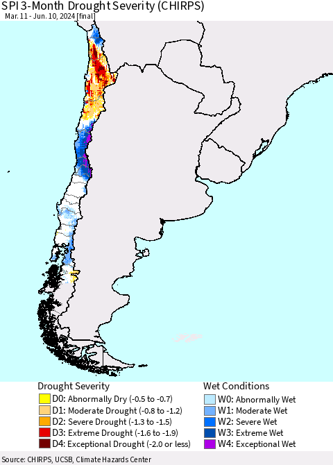 Chile SPI 3-Month Drought Severity (CHIRPS) Thematic Map For 3/11/2024 - 6/10/2024