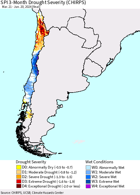 Chile SPI 3-Month Drought Severity (CHIRPS) Thematic Map For 3/21/2024 - 6/20/2024