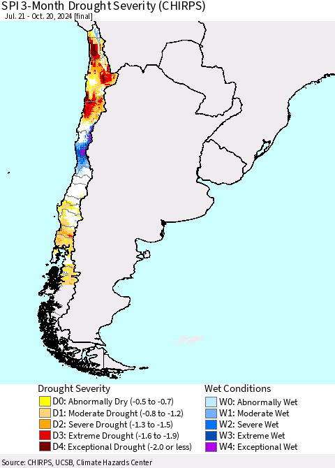 Chile SPI 3-Month Drought Severity (CHIRPS) Thematic Map For 7/21/2024 - 10/20/2024