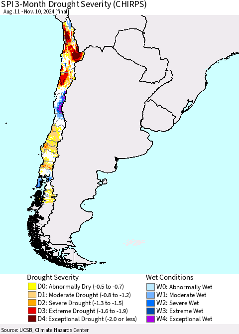 Chile SPI 3-Month Drought Severity (CHIRPS) Thematic Map For 8/11/2024 - 11/10/2024
