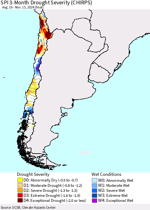 Chile SPI 3-Month Drought Severity (CHIRPS) Thematic Map For 8/16/2024 - 11/15/2024