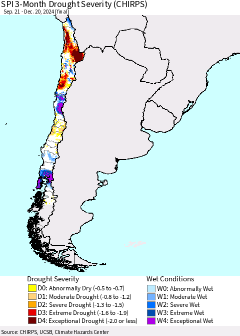 Chile SPI 3-Month Drought Severity (CHIRPS) Thematic Map For 9/21/2024 - 12/20/2024