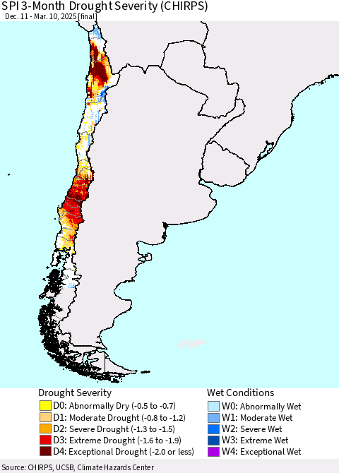 Chile SPI 3-Month Drought Severity (CHIRPS) Thematic Map For 12/11/2024 - 3/10/2025