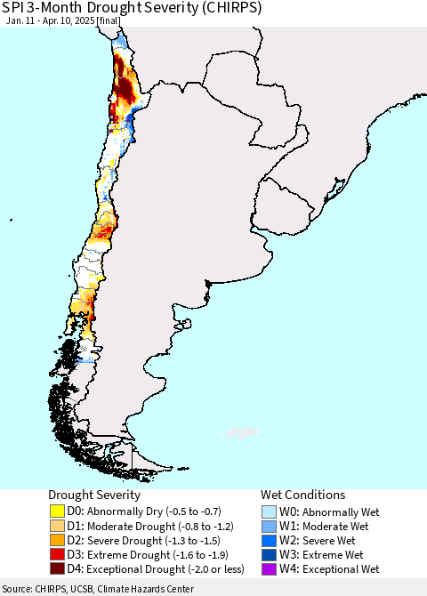 Chile SPI 3-Month Drought Severity (CHIRPS) Thematic Map For 1/11/2025 - 4/10/2025
