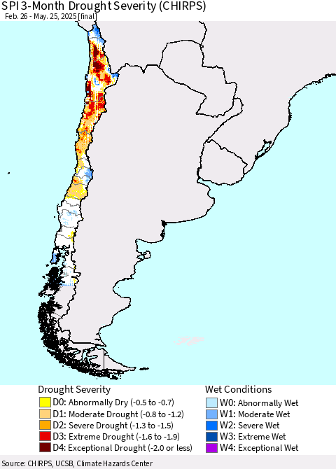 Chile SPI 3-Month Drought Severity (CHIRPS) Thematic Map For 2/26/2025 - 5/25/2025