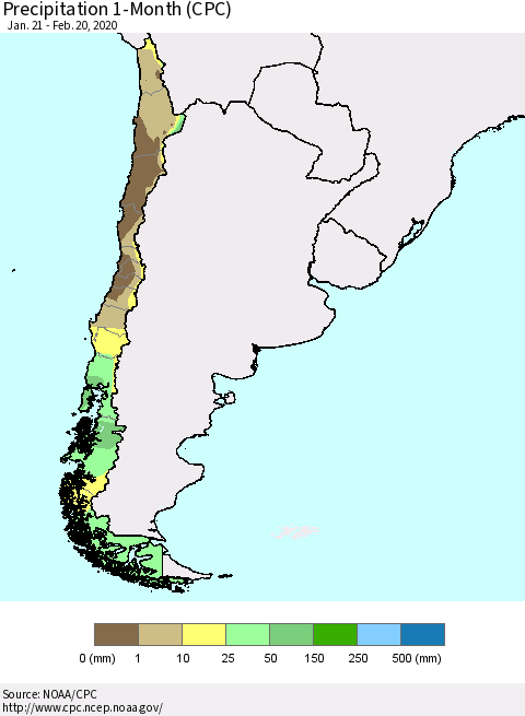 Chile Precipitation 1-Month (CPC) Thematic Map For 1/21/2020 - 2/20/2020