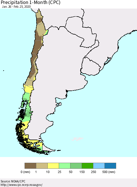 Chile Precipitation 1-Month (CPC) Thematic Map For 1/26/2020 - 2/25/2020