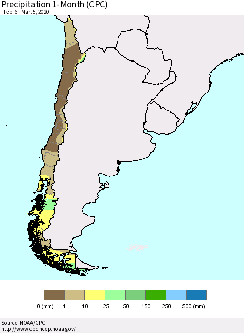 Chile Precipitation 1-Month (CPC) Thematic Map For 2/6/2020 - 3/5/2020