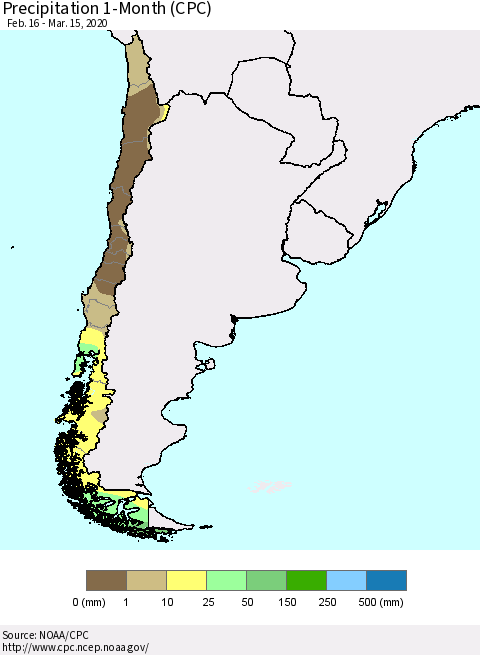 Chile Precipitation 1-Month (CPC) Thematic Map For 2/16/2020 - 3/15/2020