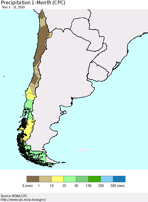 Chile Precipitation 1-Month (CPC) Thematic Map For 3/1/2020 - 3/31/2020
