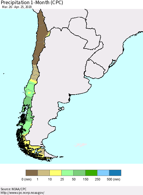 Chile Precipitation 1-Month (CPC) Thematic Map For 3/26/2020 - 4/25/2020