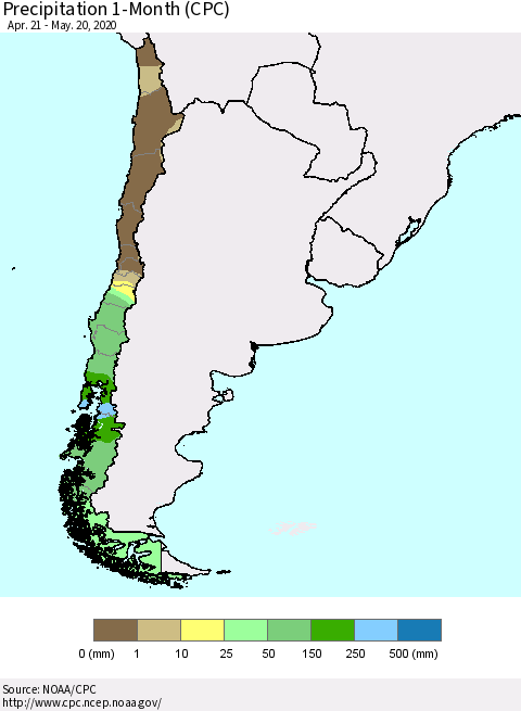 Chile Precipitation 1-Month (CPC) Thematic Map For 4/21/2020 - 5/20/2020
