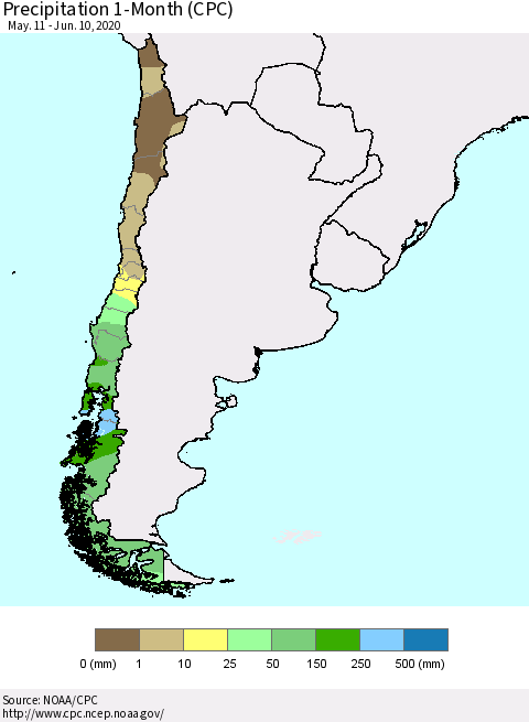 Chile Precipitation 1-Month (CPC) Thematic Map For 5/11/2020 - 6/10/2020