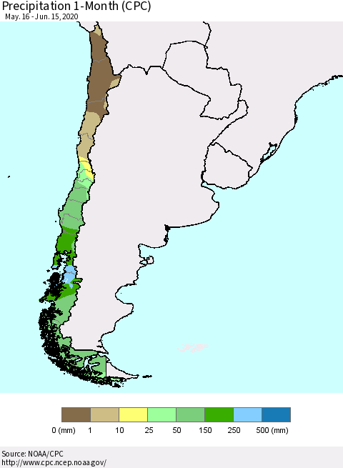 Chile Precipitation 1-Month (CPC) Thematic Map For 5/16/2020 - 6/15/2020