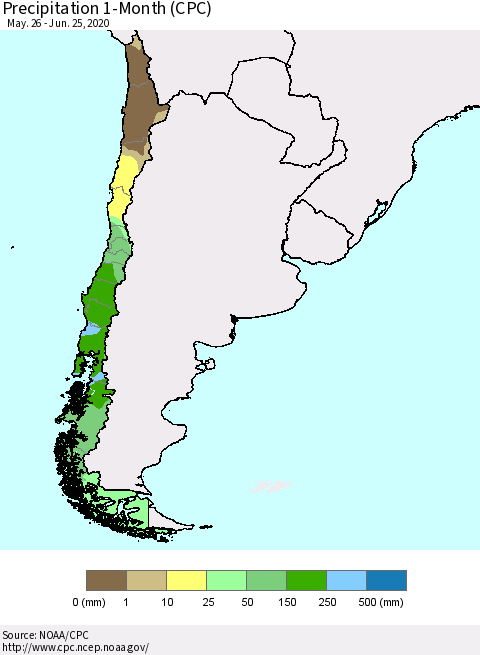 Chile Precipitation 1-Month (CPC) Thematic Map For 5/26/2020 - 6/25/2020
