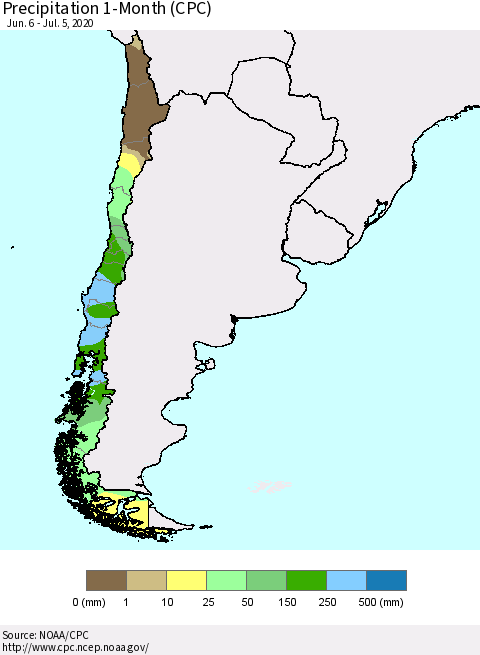 Chile Precipitation 1-Month (CPC) Thematic Map For 6/6/2020 - 7/5/2020
