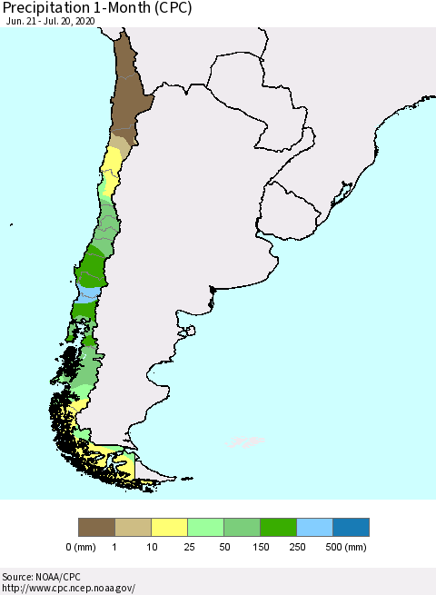 Chile Precipitation 1-Month (CPC) Thematic Map For 6/21/2020 - 7/20/2020