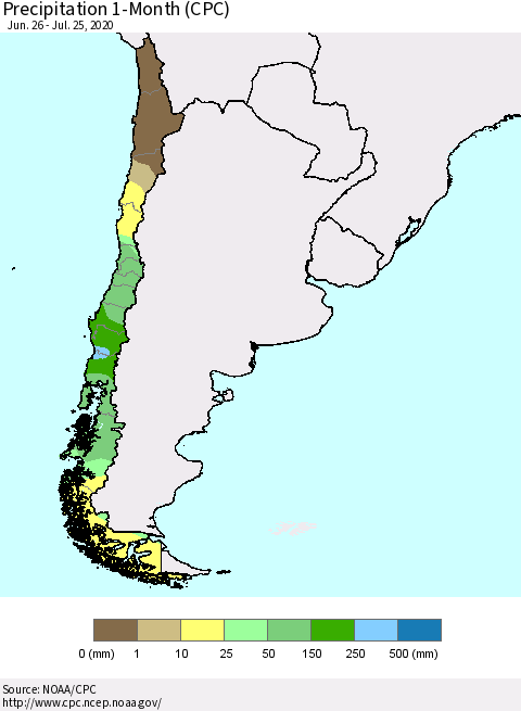 Chile Precipitation 1-Month (CPC) Thematic Map For 6/26/2020 - 7/25/2020