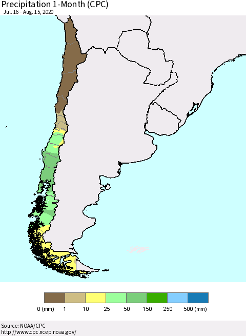 Chile Precipitation 1-Month (CPC) Thematic Map For 7/16/2020 - 8/15/2020