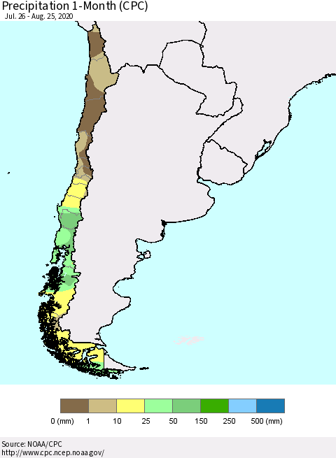 Chile Precipitation 1-Month (CPC) Thematic Map For 7/26/2020 - 8/25/2020
