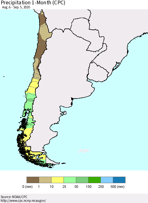 Chile Precipitation 1-Month (CPC) Thematic Map For 8/6/2020 - 9/5/2020