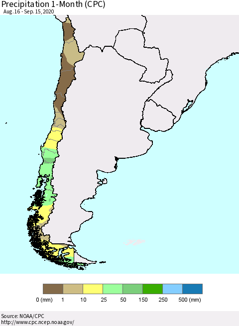 Chile Precipitation 1-Month (CPC) Thematic Map For 8/16/2020 - 9/15/2020
