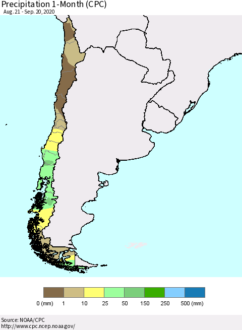 Chile Precipitation 1-Month (CPC) Thematic Map For 8/21/2020 - 9/20/2020