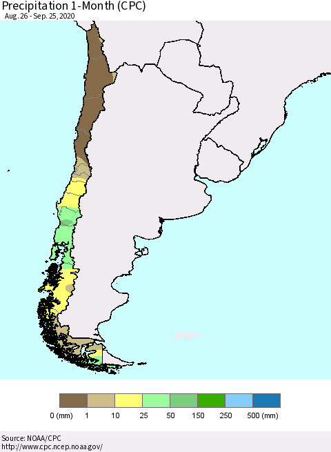 Chile Precipitation 1-Month (CPC) Thematic Map For 8/26/2020 - 9/25/2020