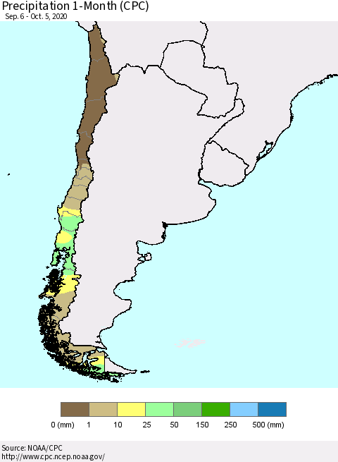 Chile Precipitation 1-Month (CPC) Thematic Map For 9/6/2020 - 10/5/2020