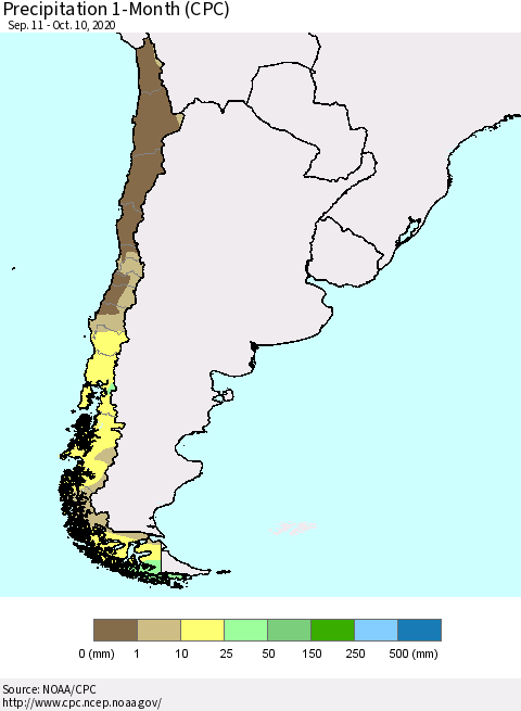 Chile Precipitation 1-Month (CPC) Thematic Map For 9/11/2020 - 10/10/2020