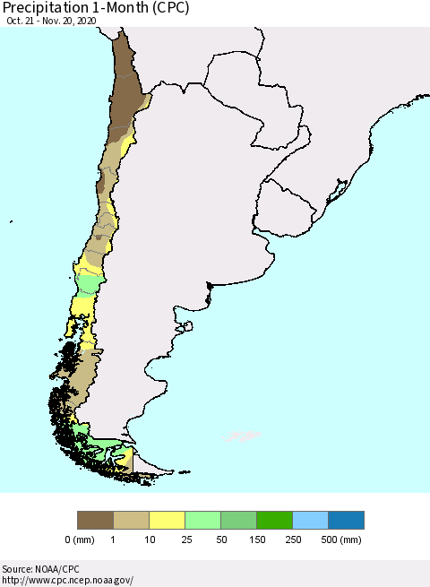 Chile Precipitation 1-Month (CPC) Thematic Map For 10/21/2020 - 11/20/2020