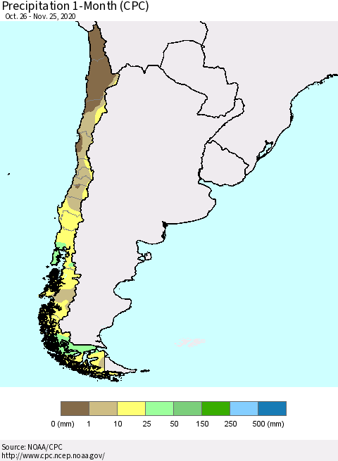 Chile Precipitation 1-Month (CPC) Thematic Map For 10/26/2020 - 11/25/2020