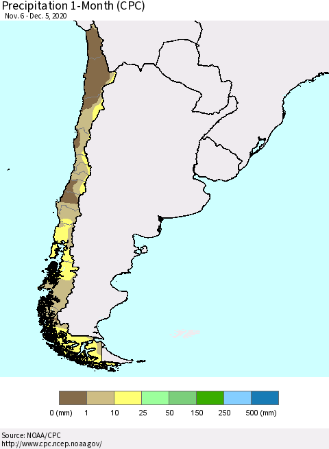 Chile Precipitation 1-Month (CPC) Thematic Map For 11/6/2020 - 12/5/2020