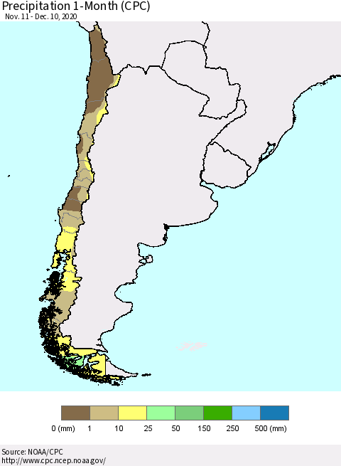 Chile Precipitation 1-Month (CPC) Thematic Map For 11/11/2020 - 12/10/2020