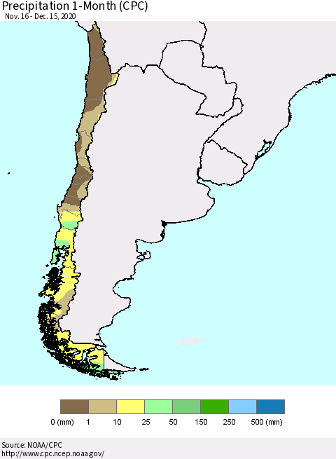 Chile Precipitation 1-Month (CPC) Thematic Map For 11/16/2020 - 12/15/2020