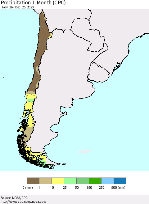 Chile Precipitation 1-Month (CPC) Thematic Map For 11/26/2020 - 12/25/2020