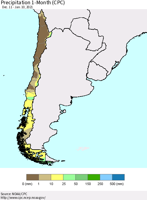 Chile Precipitation 1-Month (CPC) Thematic Map For 12/11/2020 - 1/10/2021