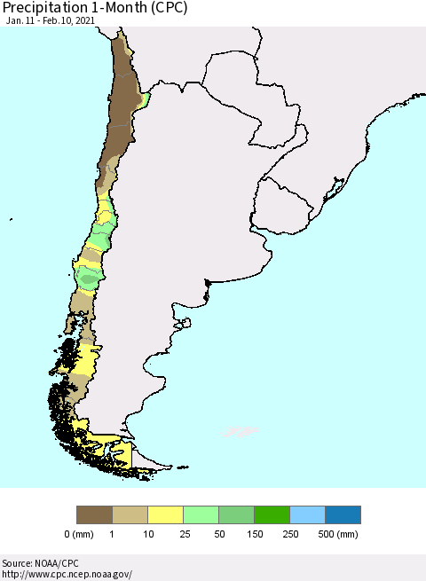 Chile Precipitation 1-Month (CPC) Thematic Map For 1/11/2021 - 2/10/2021