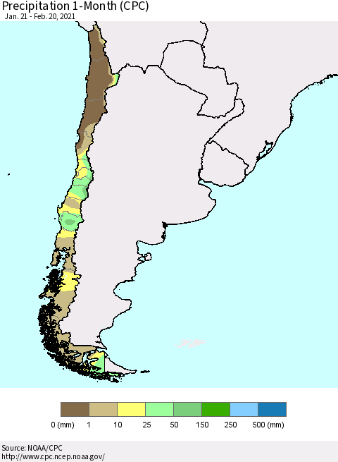 Chile Precipitation 1-Month (CPC) Thematic Map For 1/21/2021 - 2/20/2021