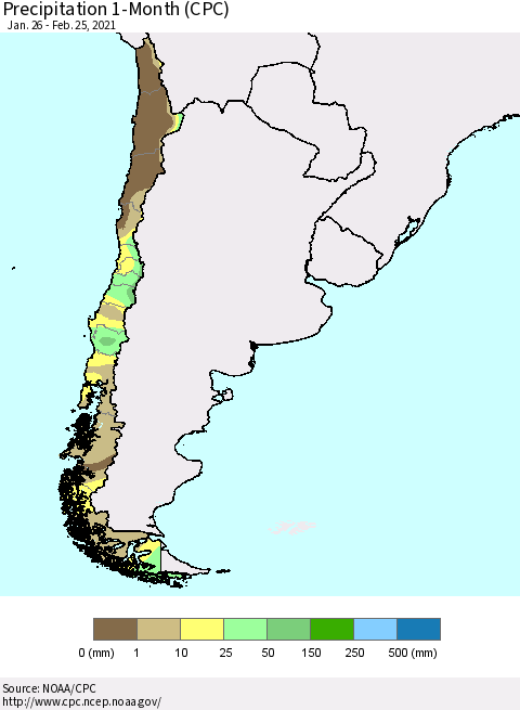 Chile Precipitation 1-Month (CPC) Thematic Map For 1/26/2021 - 2/25/2021