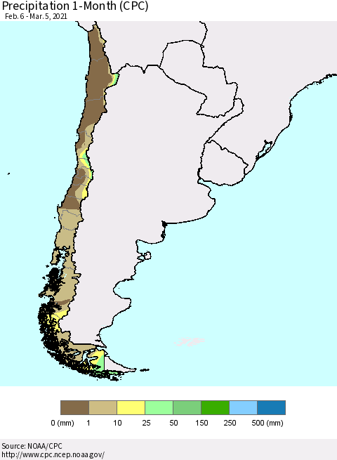 Chile Precipitation 1-Month (CPC) Thematic Map For 2/6/2021 - 3/5/2021