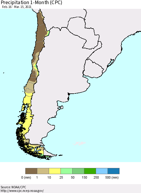 Chile Precipitation 1-Month (CPC) Thematic Map For 2/16/2021 - 3/15/2021