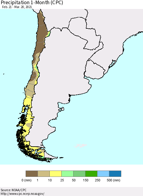 Chile Precipitation 1-Month (CPC) Thematic Map For 2/21/2021 - 3/20/2021